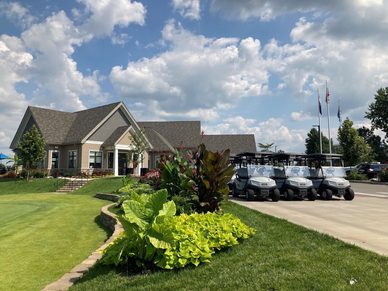 A row of golf carts are parked in front of a house.