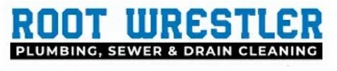 ROOT WRESTLER logo with blue text and black tagline: plumbing, sewer & drain cleaning