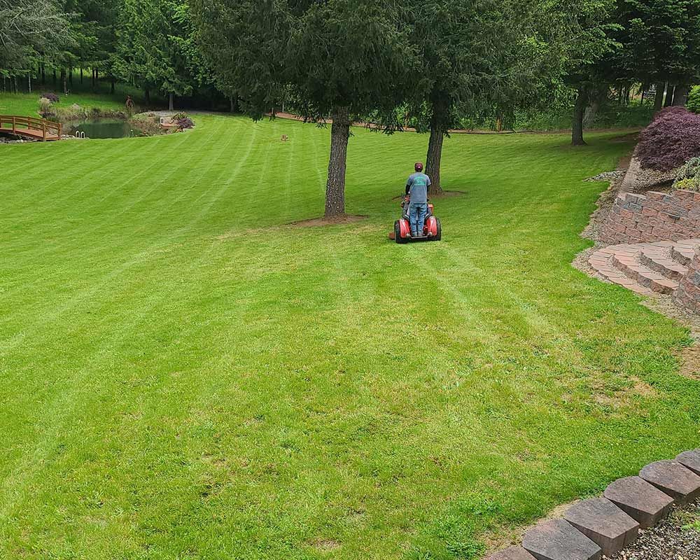 A man is mowing a lush green lawn with a lawn mower.