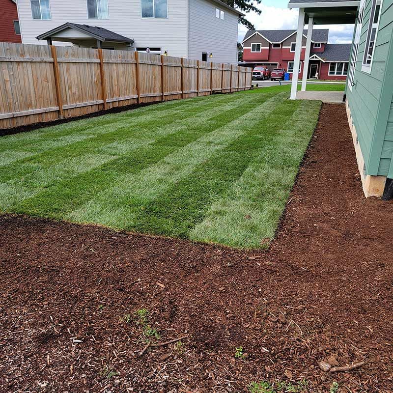 A lawn with a wooden fence and a house in the background