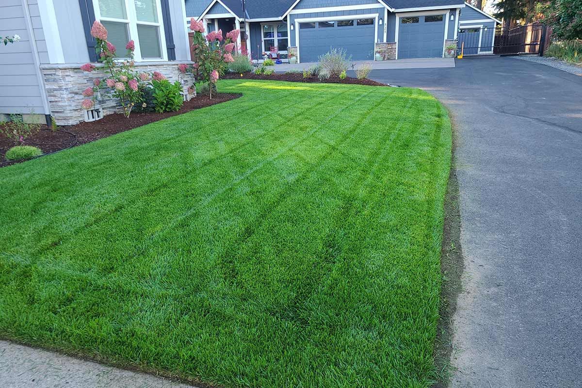 A lush green lawn is in front of a house.