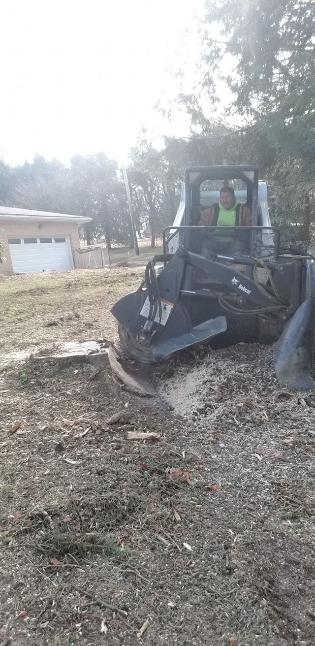 A man is driving a bulldozer through a stump in a yard.