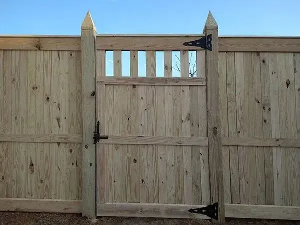 Wooden fence gate with black hinges and a small window section at the top