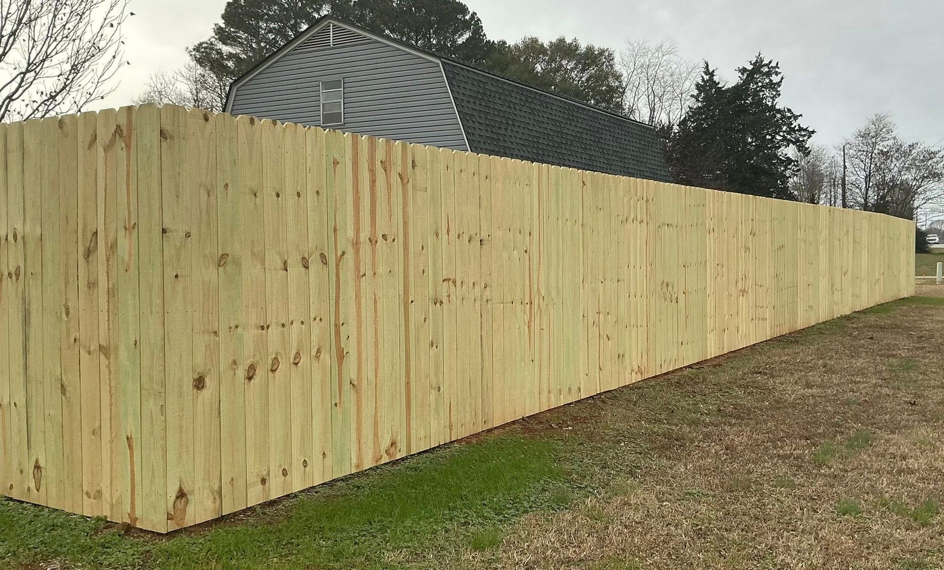 Long wooden privacy fence along a grassy yard beside a house on an overcast day