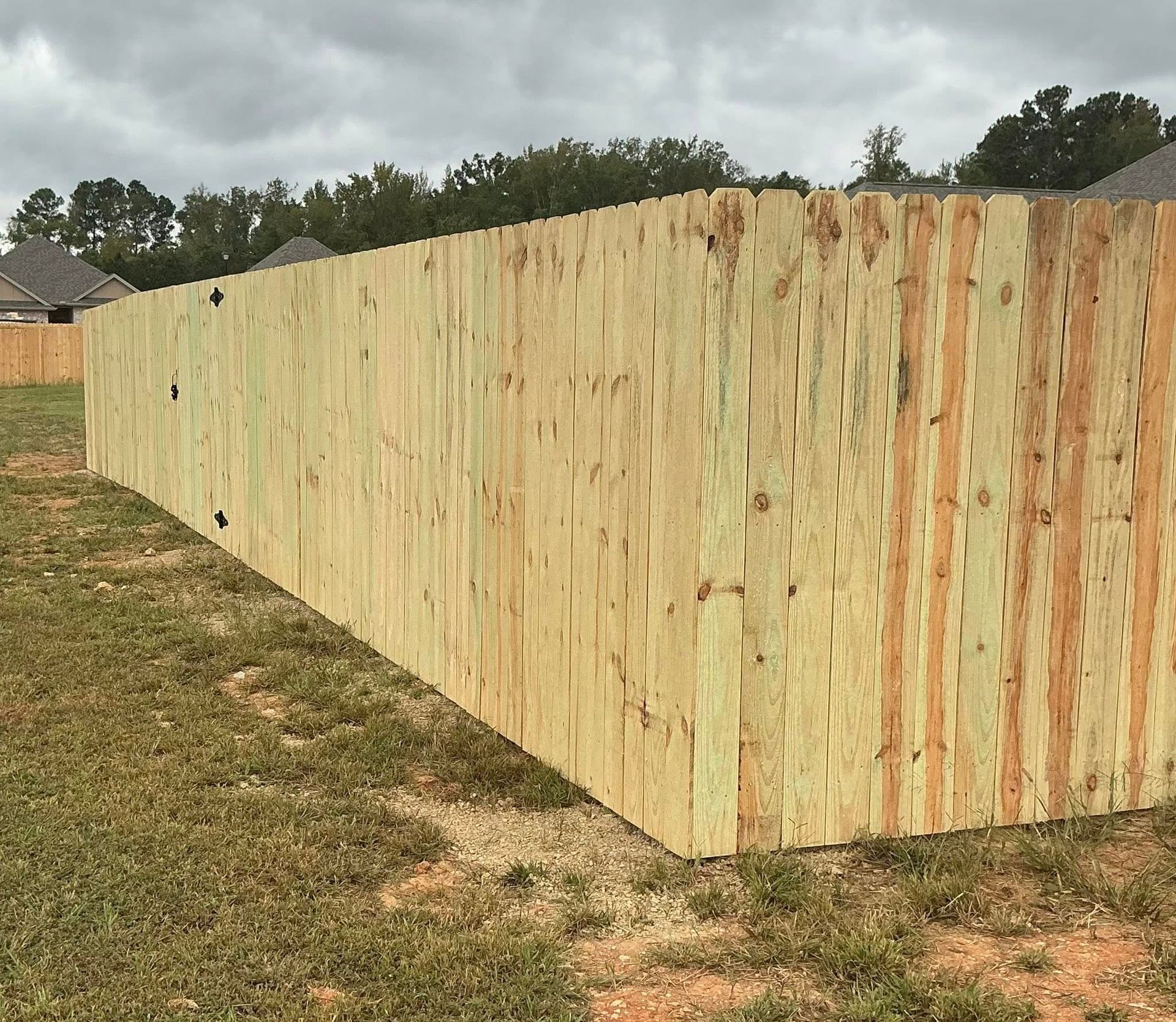 Wooden privacy fence enclosing a grassy yard under an overcast sky.