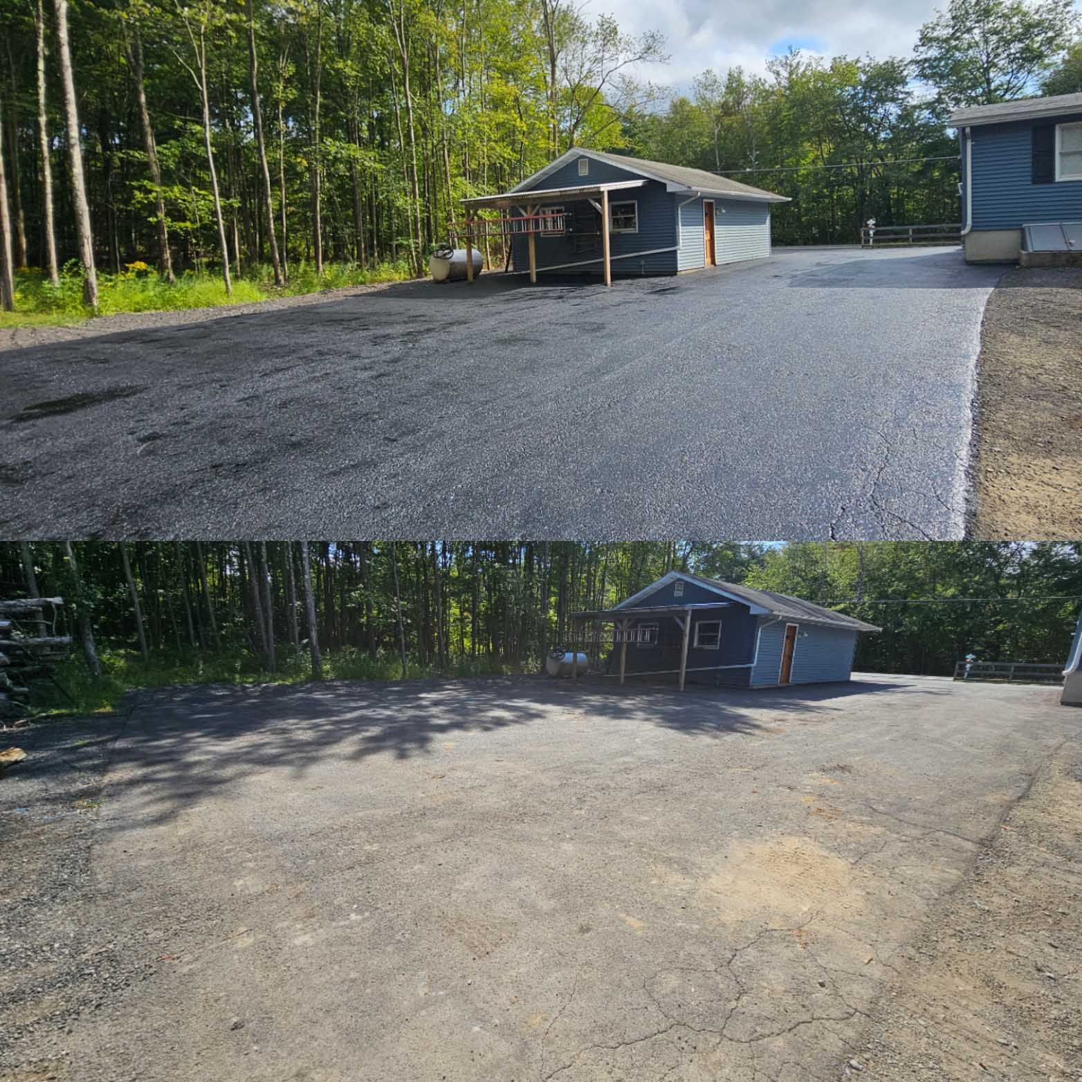 A before and after picture of a driveway with a house in the background