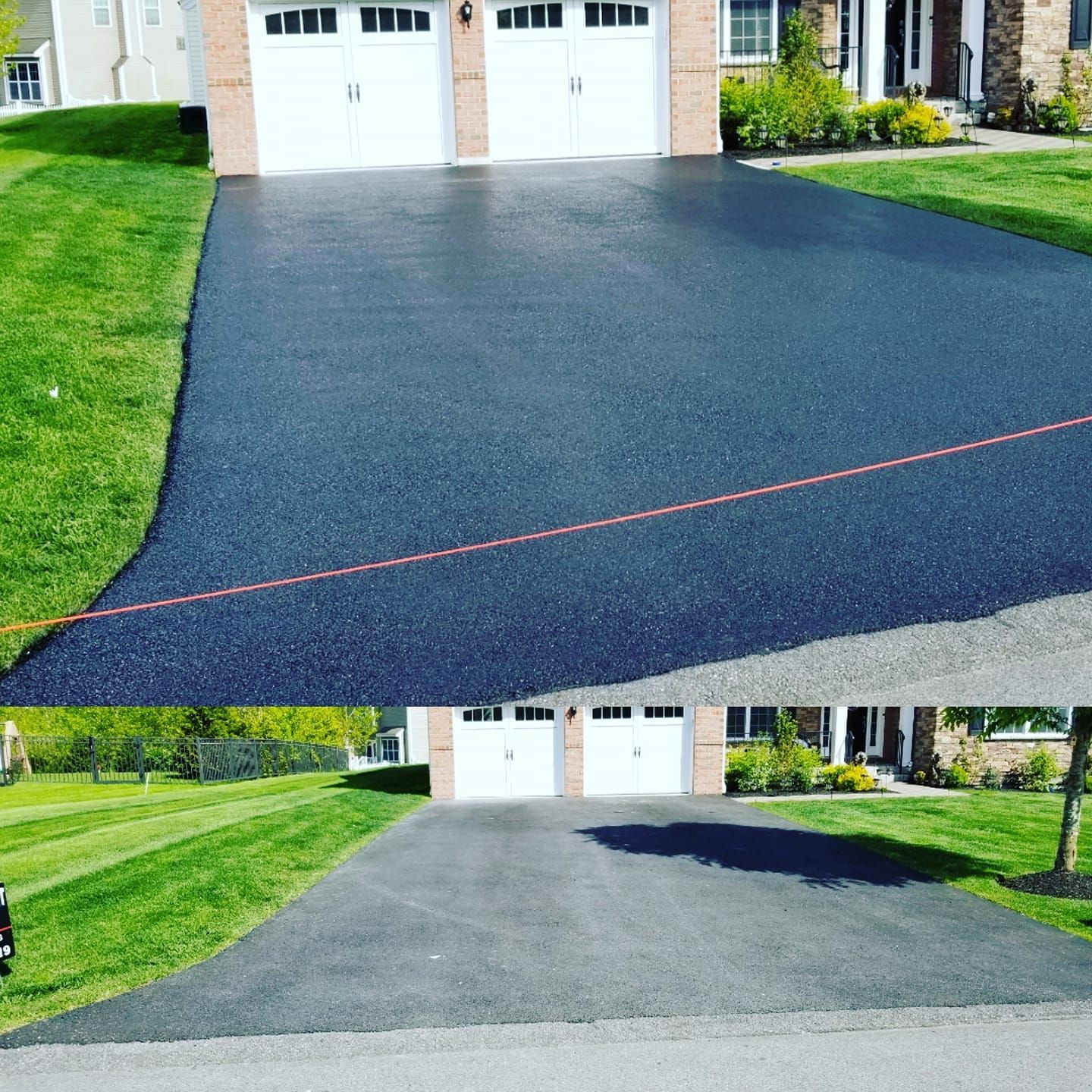 A picture of a driveway before and after being paved.