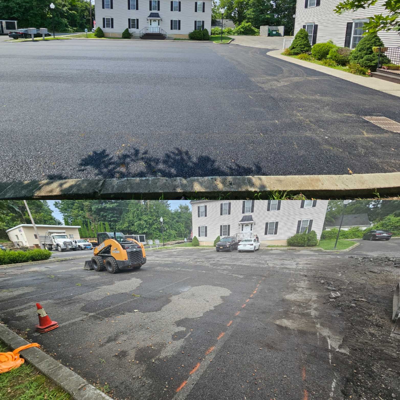 A before and after picture of a parking lot with a house in the background