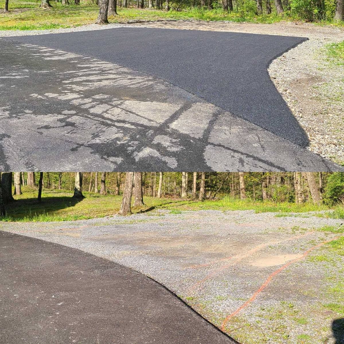 A before and after picture of a road that has been paved.
