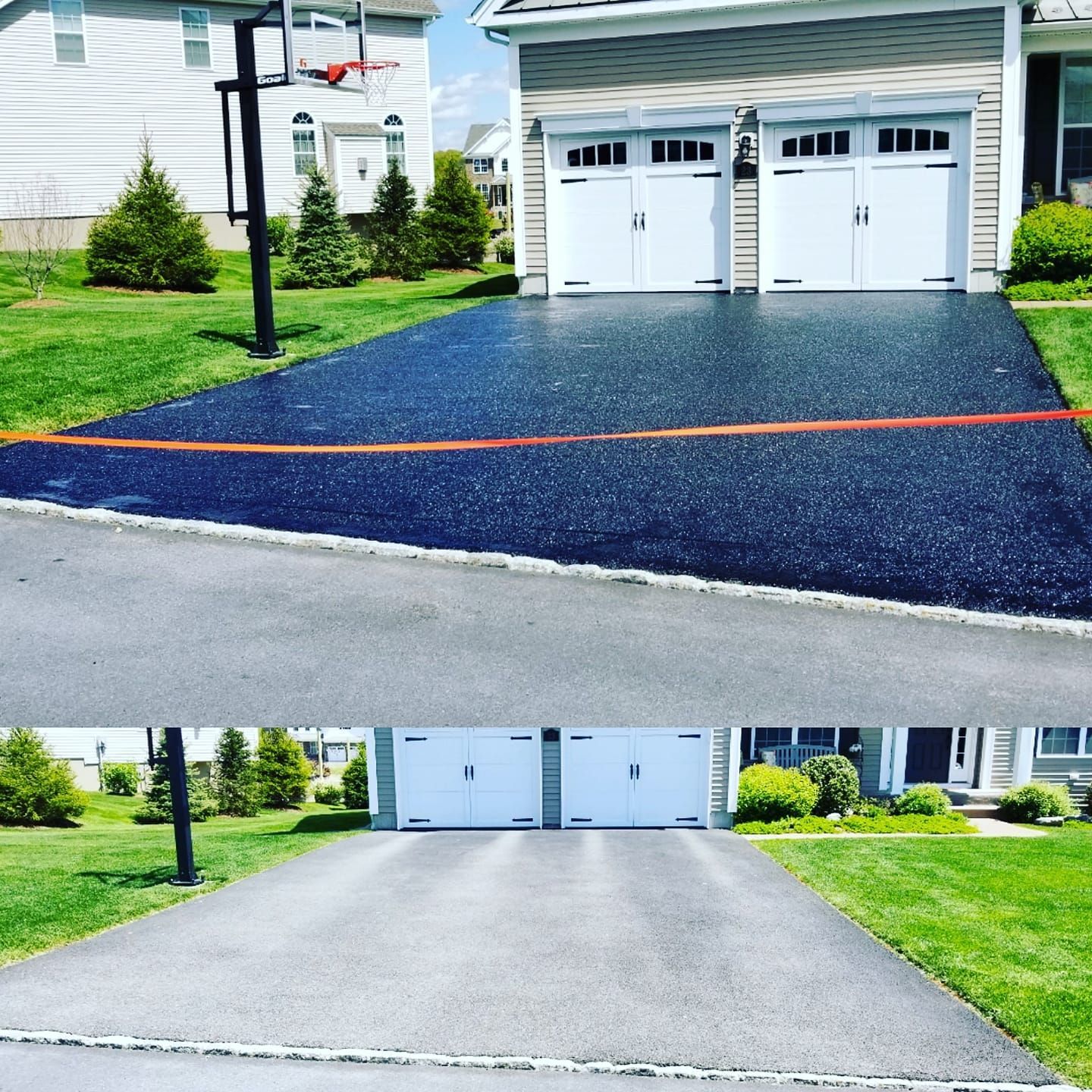 A before and after picture of a driveway with a basketball hoop in the background