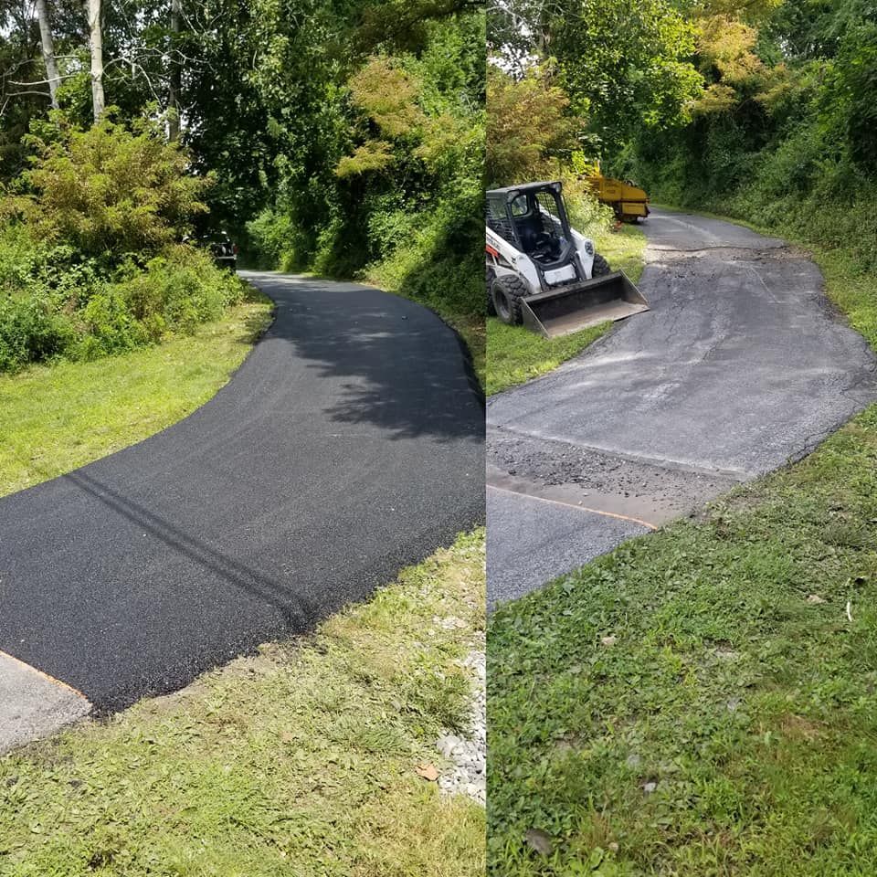 A before and after picture of a road with a bulldozer on it.