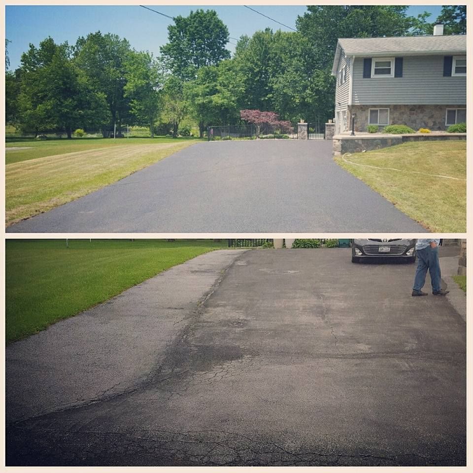 A before and after picture of a driveway with a house in the background