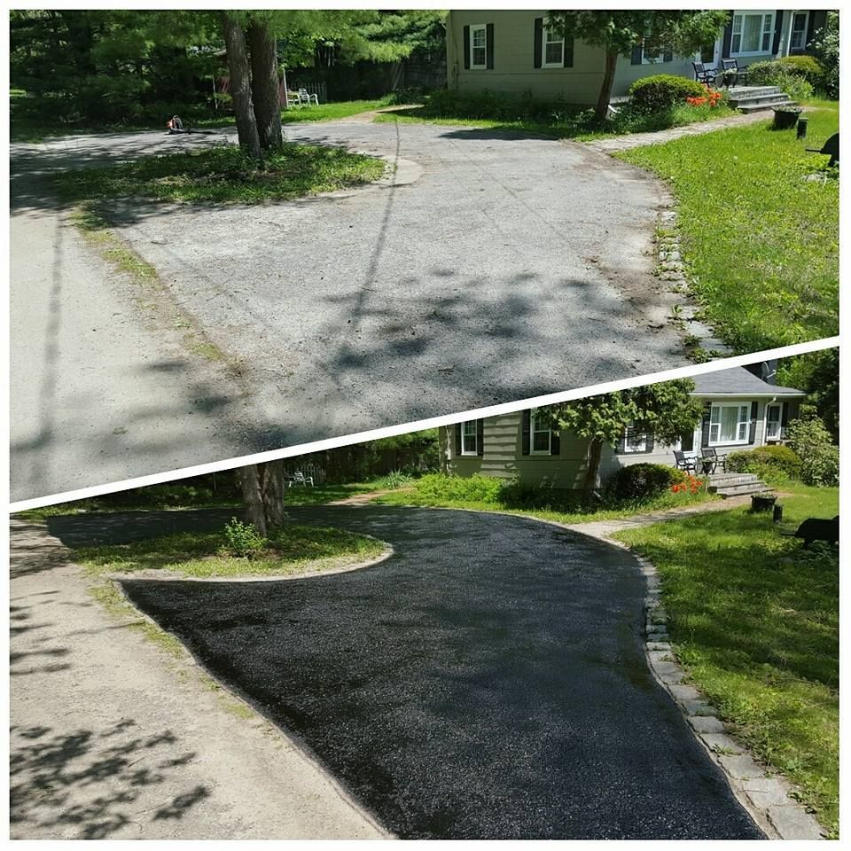 A before and after photo of a driveway that has been paved.