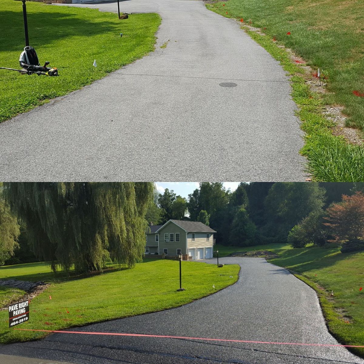 A before and after photo of a driveway with a house in the background