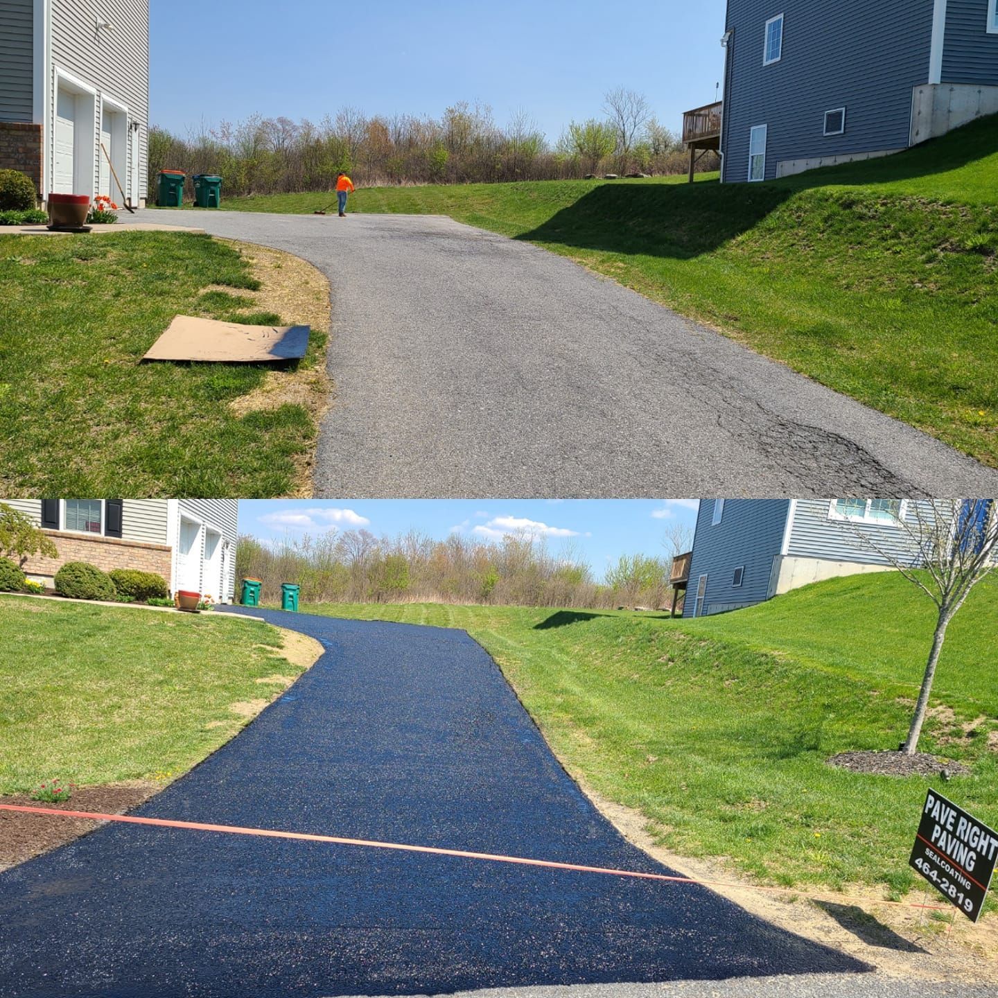 A before and after picture of a driveway that has been paved