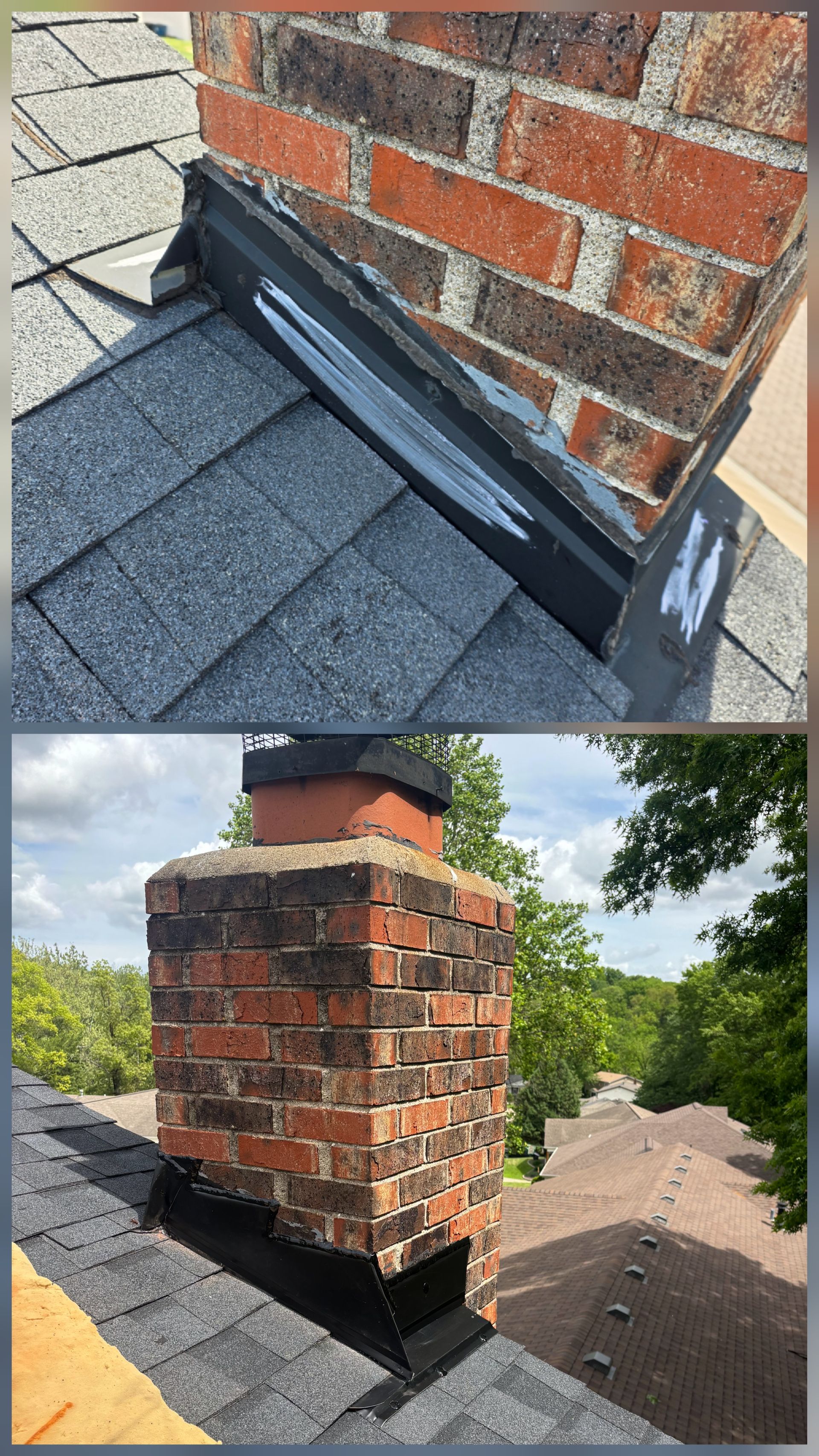 Black chimney flashing on a brick roof chimney, shown close-up and from a wider rooftop view.