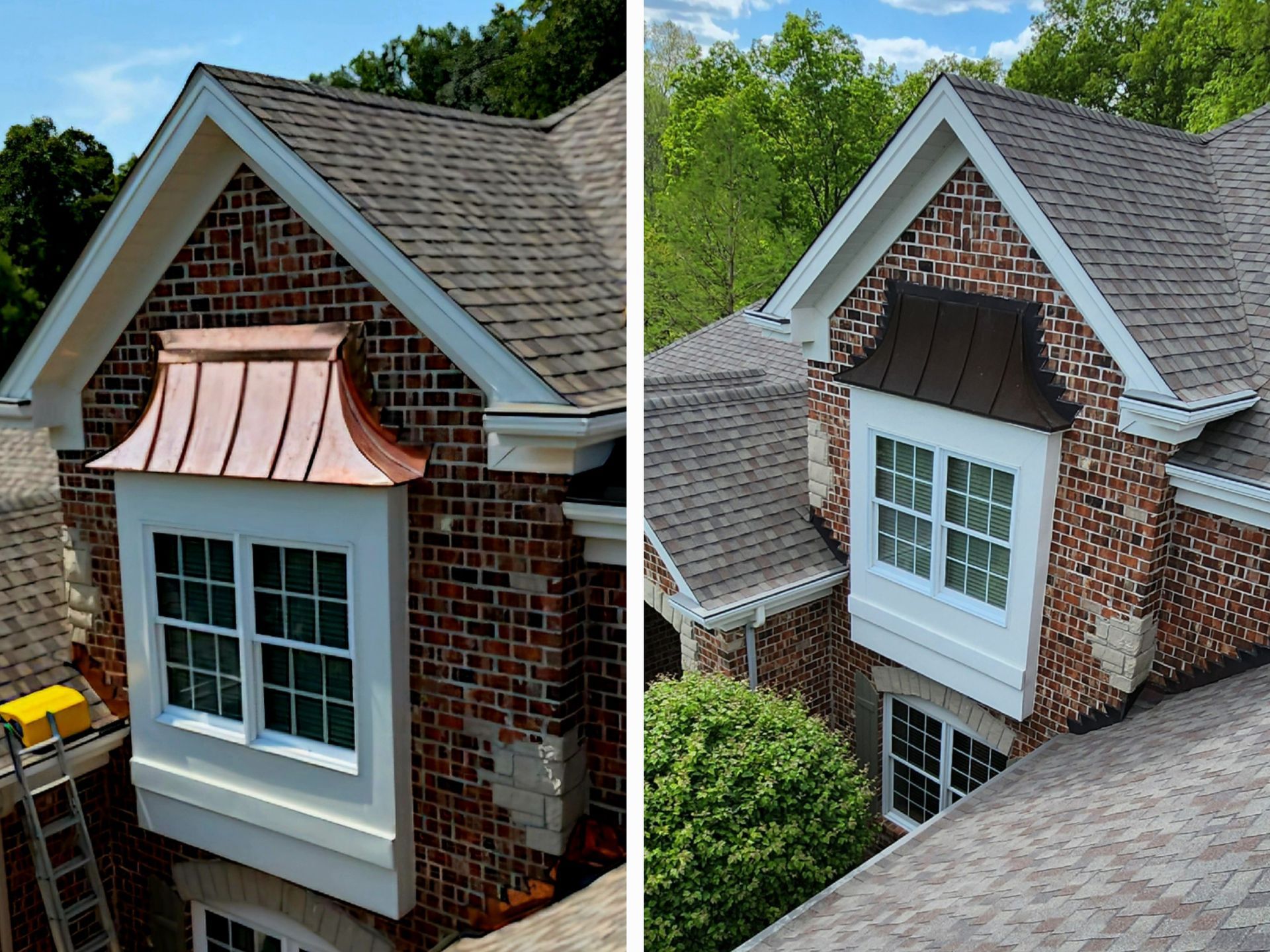 Brick dormer window with white trim and copper awning on a house roof, shown from two angles