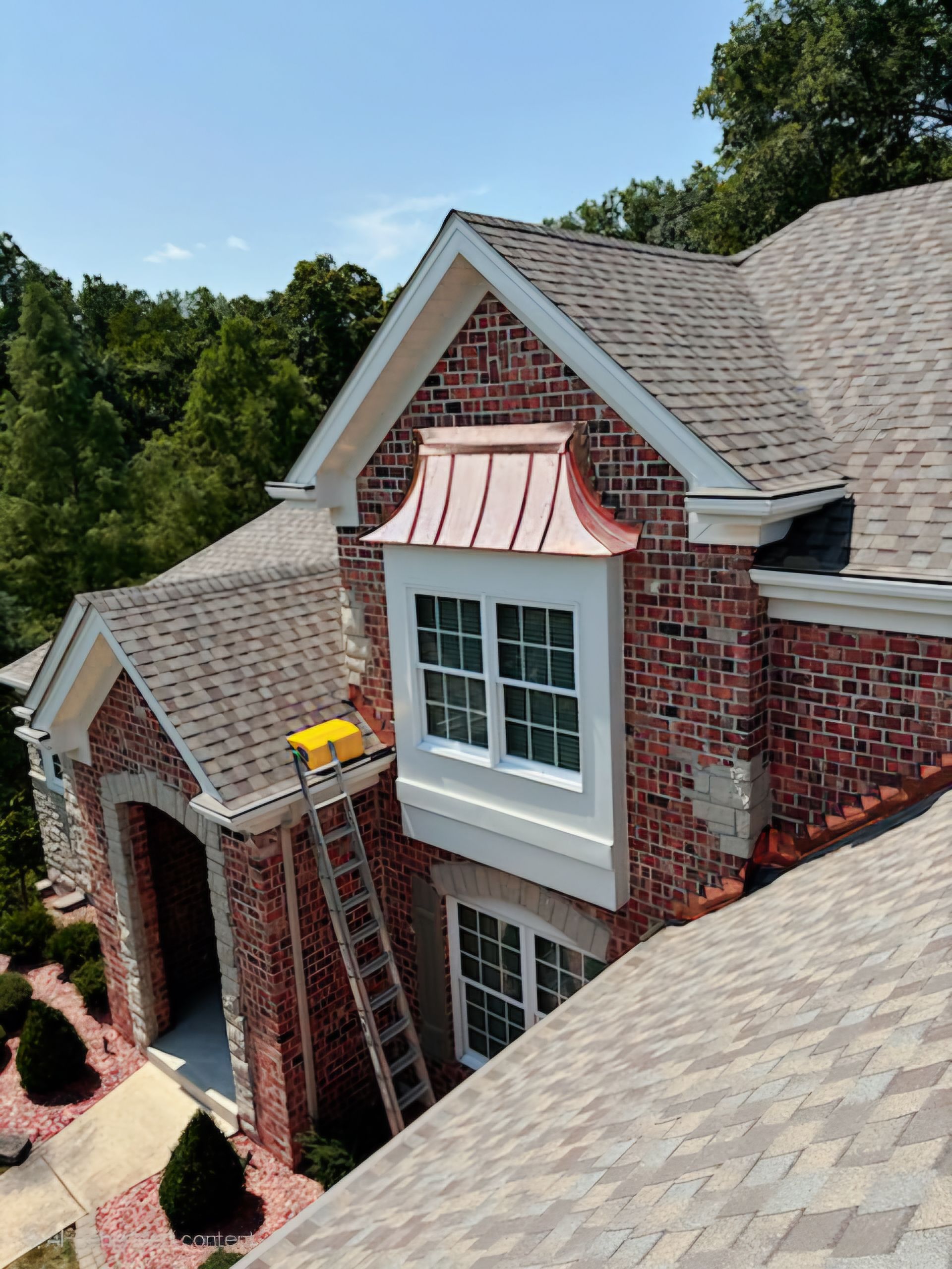 Brick house with white-trim dormer and awning, viewed from above with a ladder on the roof.