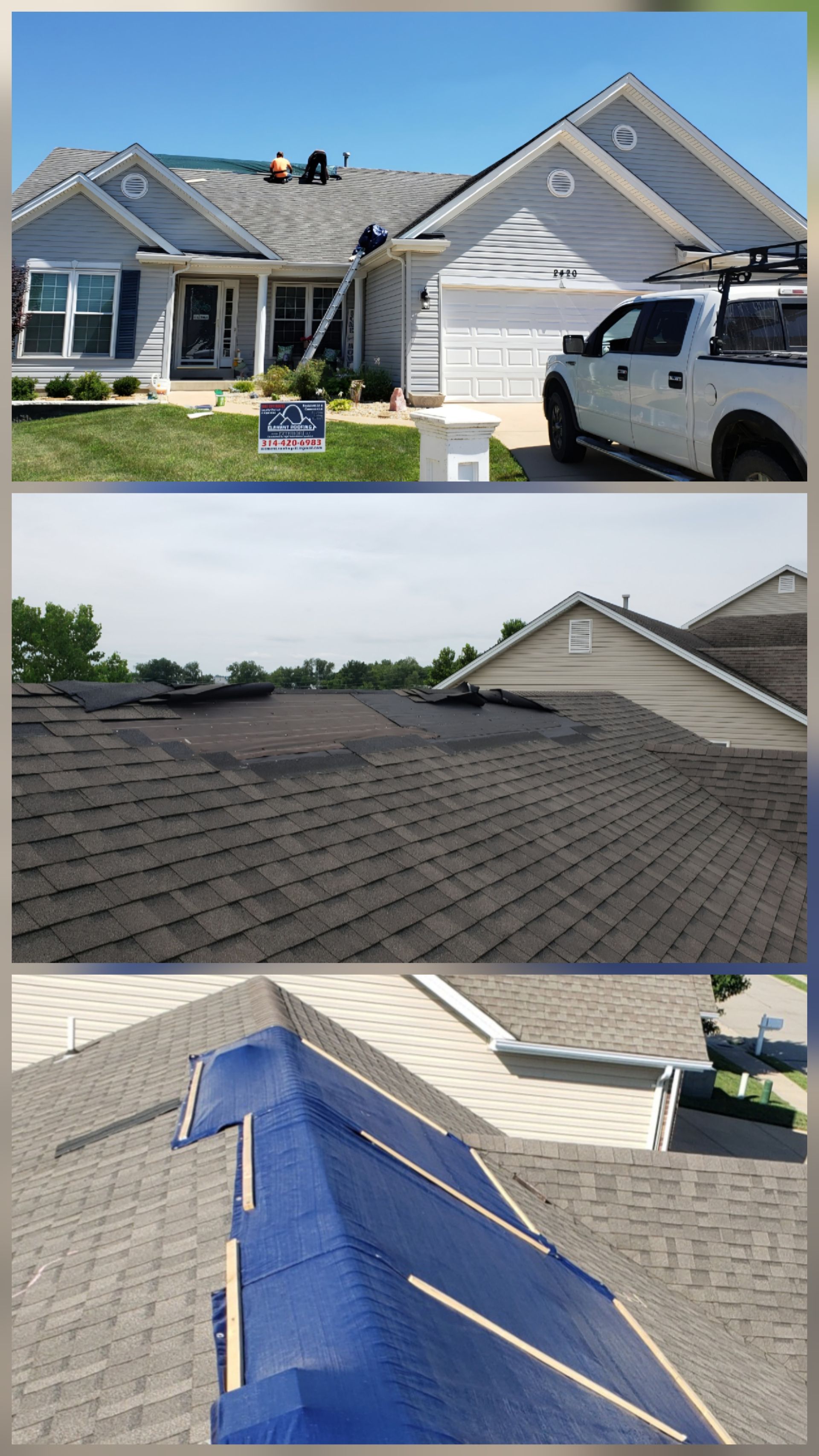 Roof repair on a house: damaged shingles, roofers working, and sections covered with blue tarp.