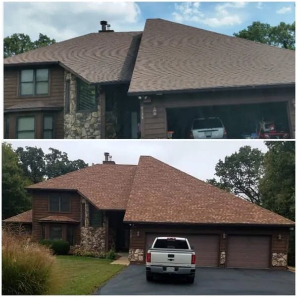 Before and after photos of a suburban home showing a roof replacement with reddish-brown shingles.