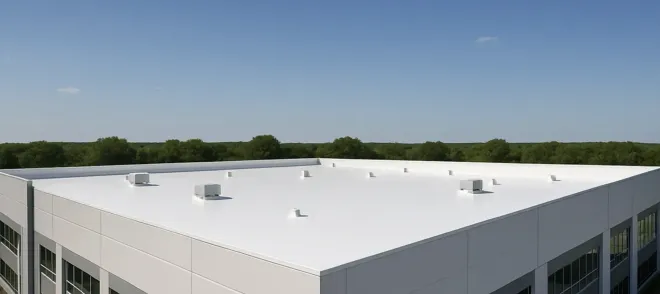 White flat-roofed office building with rooftop vents, seen from above against a tree-lined horizon