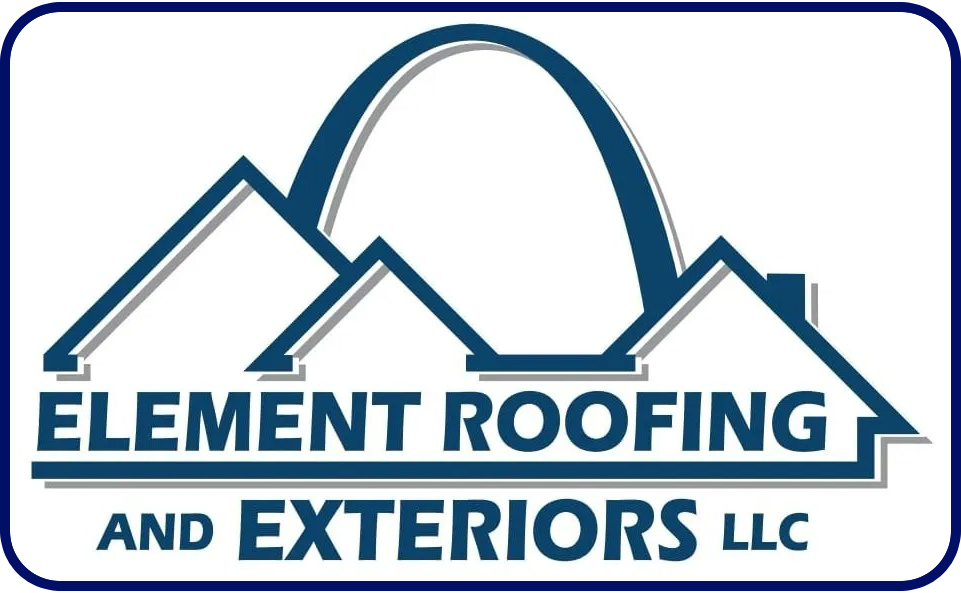 Logo for Element Roofing and Exteriors LLC featuring the St. Louis Gateway Arch over stylized house roofs in dark blue.