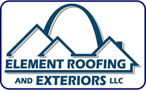 Logo for Element Roofing and Exteriors LLC featuring the St. Louis Gateway Arch over stylized house roofs in dark blue.
