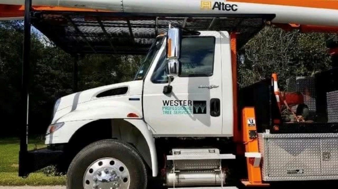 A white and orange truck is parked on the side of the road.