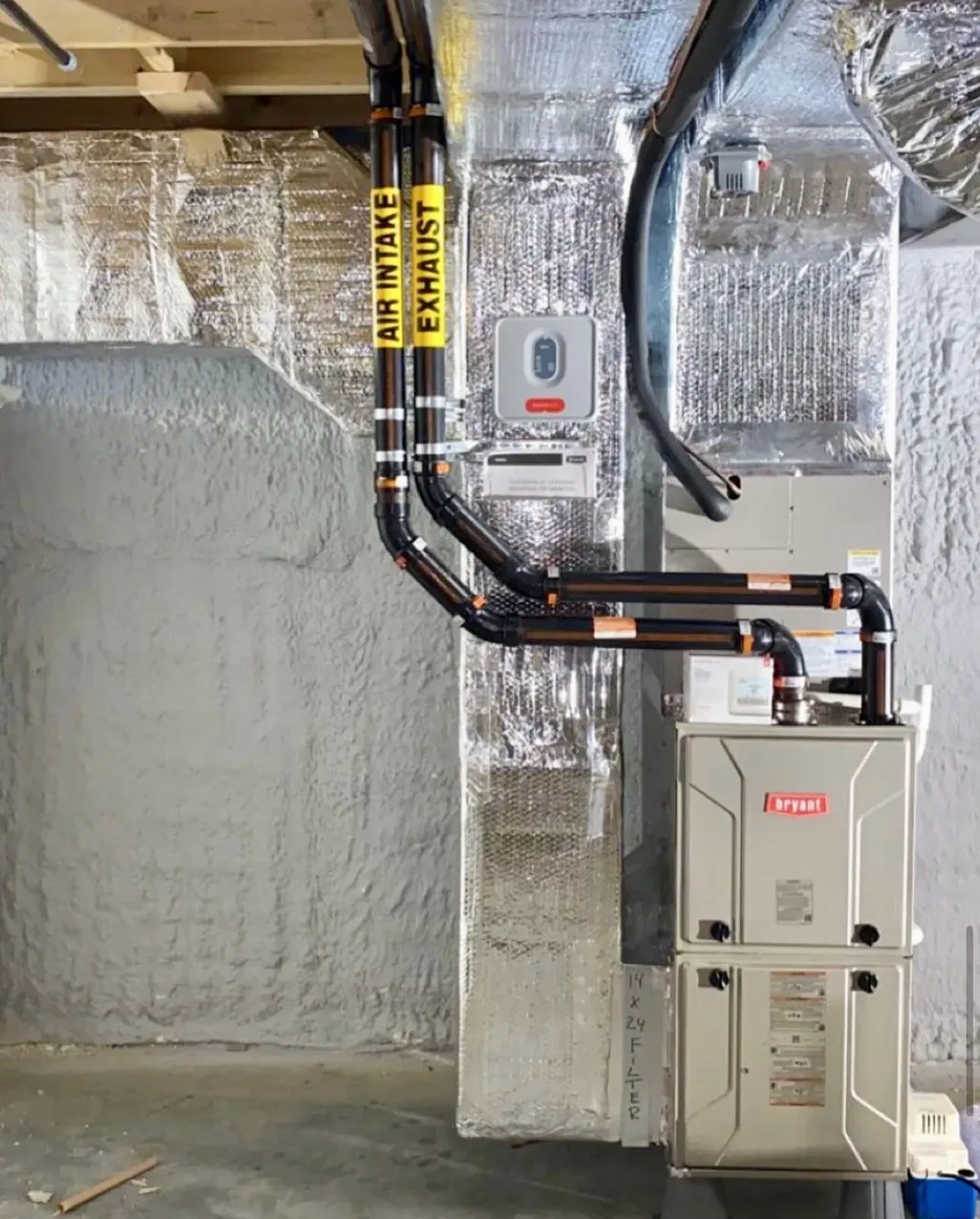 Utility room with insulated pipes, valves, and a furnace against a foil-lined wall.