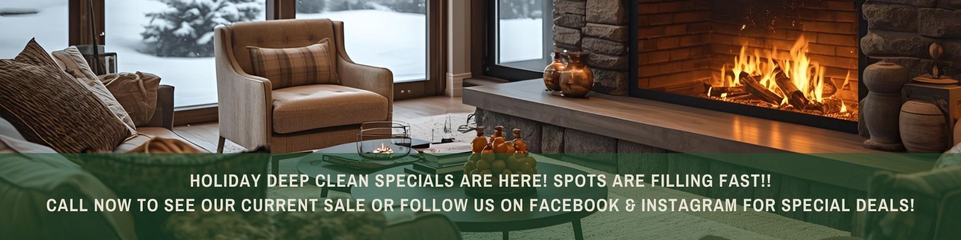 Cozy living room with a lit fireplace, snow outside the window. Text: 