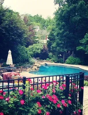 Swimming pool surrounded by greenery and flowers with a house in the distance.