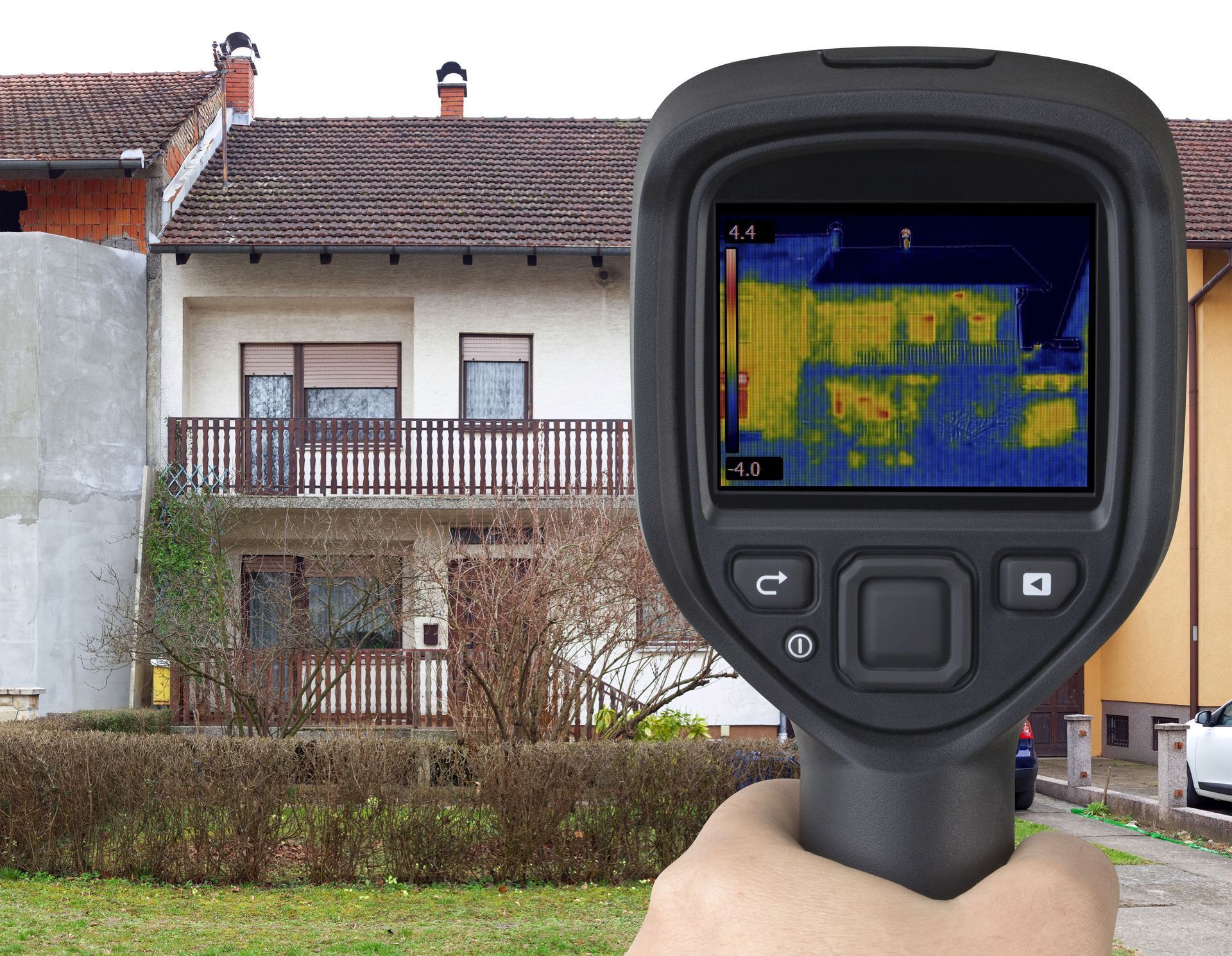 Hand holding thermal camera pointed at a two-story building; the camera shows heat variations in yellow and blue.