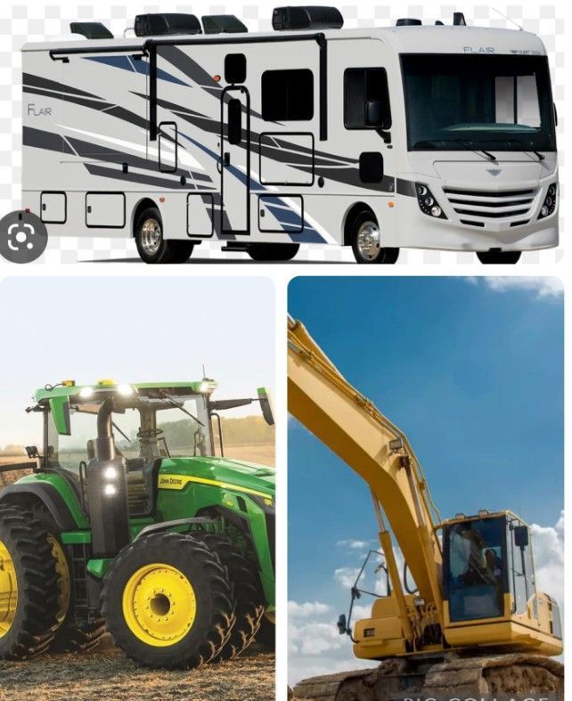 RV, green tractor, and yellow excavator.
