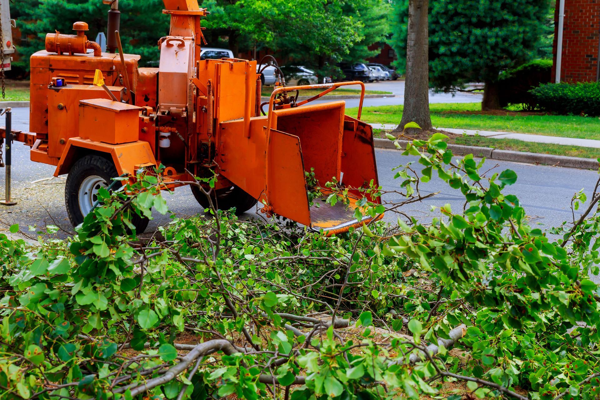 Orange wood chipper on a street, with cut branches nearby.