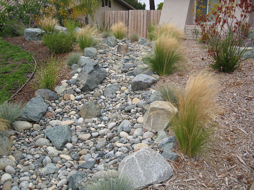 Rock-lined dry creek bed in a landscaped yard with ornamental grasses and shrubs.