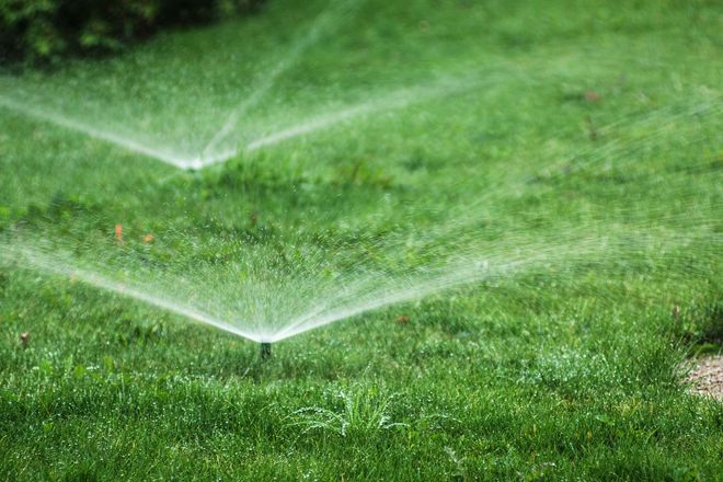 Sprinklers spraying water on a green lawn, watering the grass in a sunny outdoor setting.