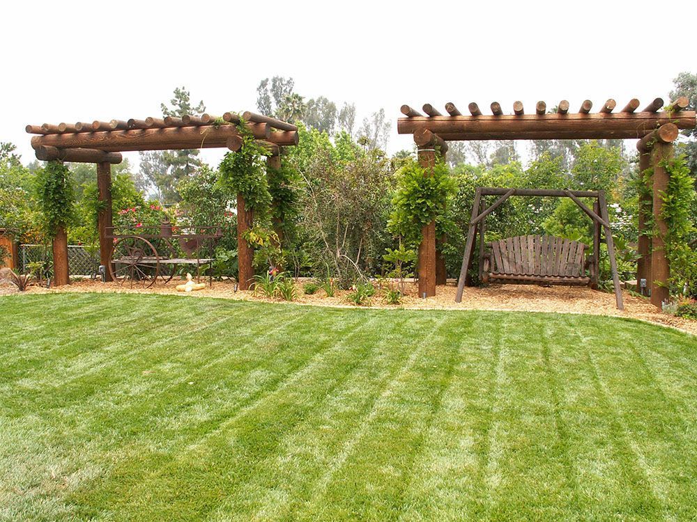 Grassy yard with wooden pergolas, trees, and a fenced gate in the background
