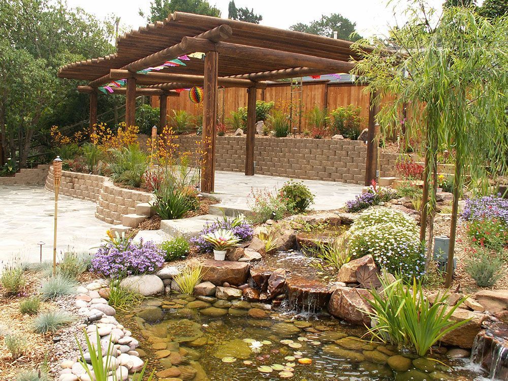 Garden pond with a stone waterfall, pergola, and purple flowers in a landscaped yard
