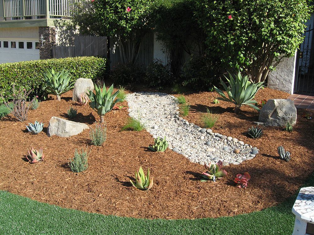 Xeriscaped front yard with rocks, mulch, succulents, and a white gravel path