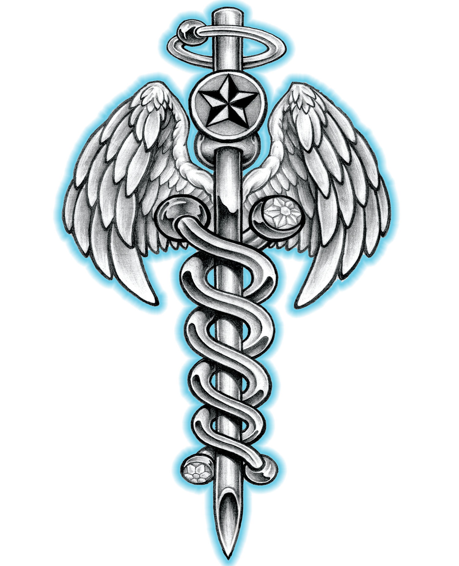 A caduceus with wings and a star on it