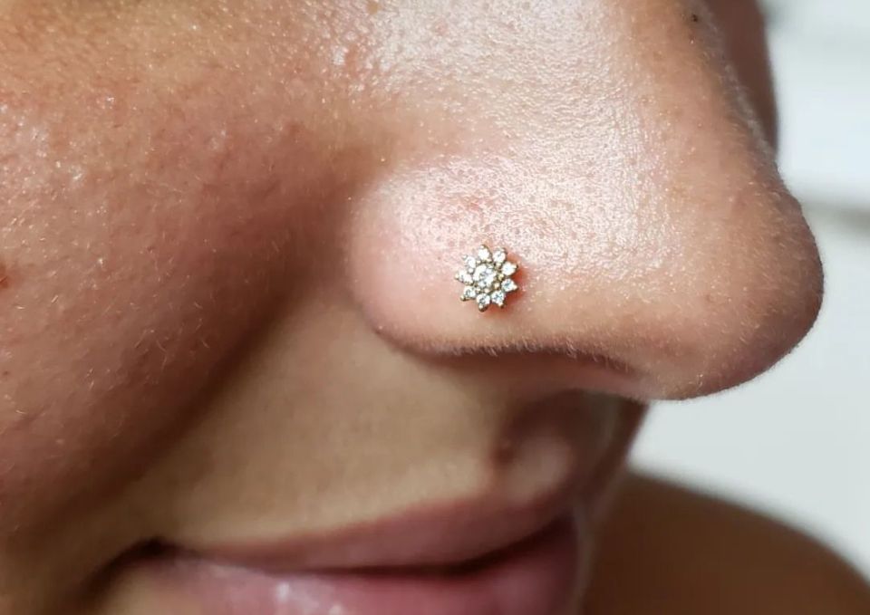 A close-up of a woman's nose with a nose ring.