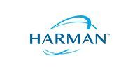 HARMAN logo in blue with curved accents on a white background