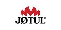 Jøtul logo with black text and red flame icon on a white background