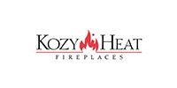 Kozy Heat Fireplaces logo with black text and a red flame icon