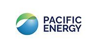 Pacific Energy logo with green and blue circular leaf icon and navy text
