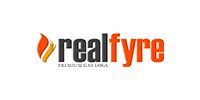 Realfyre logo with orange flame icon and gray-orange text on a white background