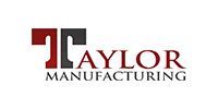 Taylor Manufacturing logo with stylized red and black “T” and black text on white background