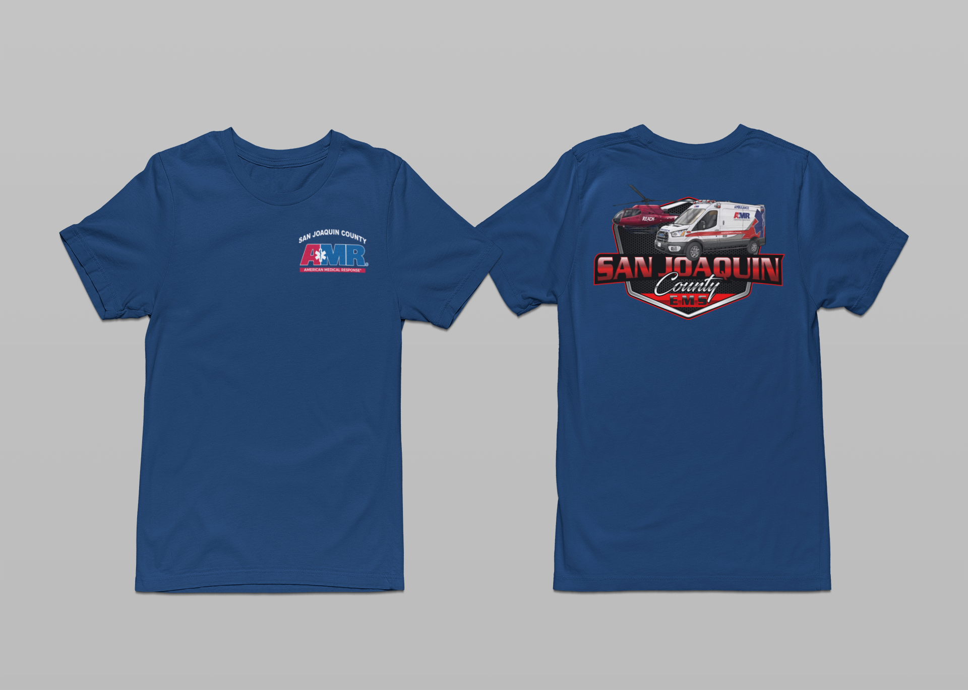 A blue t-shirt with a picture of a car on it