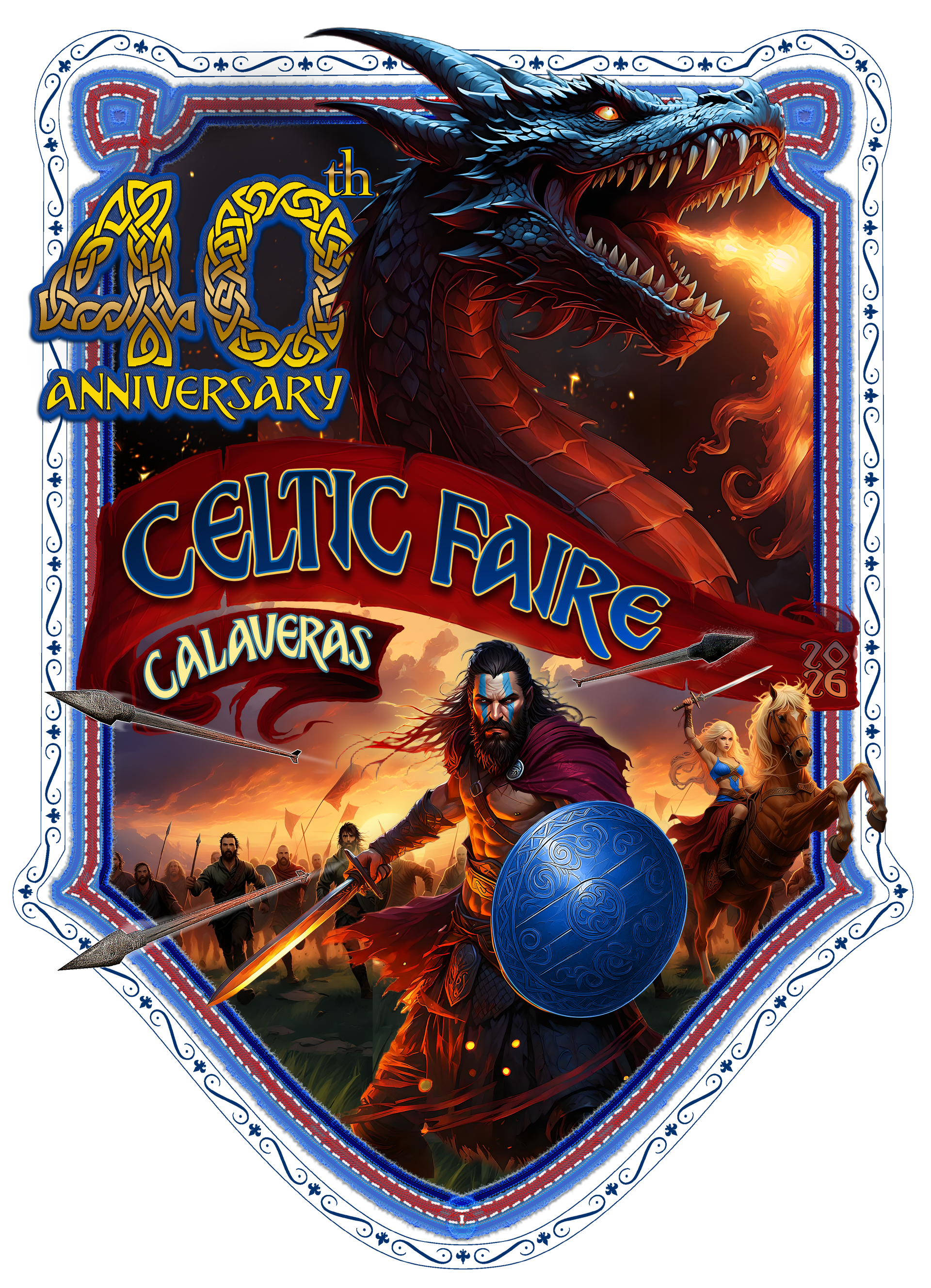 Celtic Faire 40th anniversary emblem: Dragon, warrior with shield, banner, text Celtic Faire Calaveras.