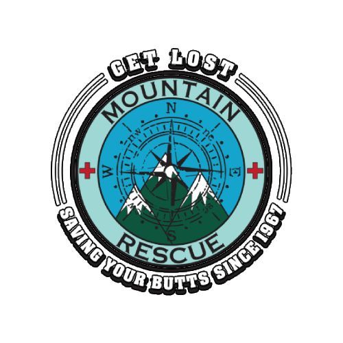 The Get Lost Mountain Rescue logo is a compass with a mountain in the center